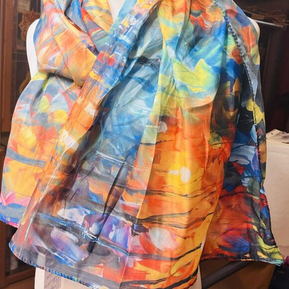 Abstract Art Scarf by Cleo – 2010s – Multicolor Silk Feel – Painterly Pattern - Picture 11 of 16